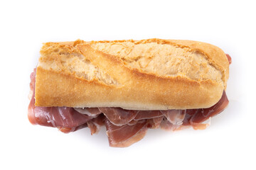 Traditional Spanish Serrano Ham Sandwich isolated on white background