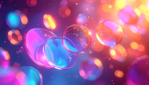 Iridescent glass discs floating in vibrant bokeh atmosphere abstract background