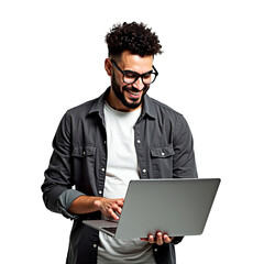 Happy young man with glasses using a laptop. Cheerful student or freelancer with curly hair working online isolated on transparent background