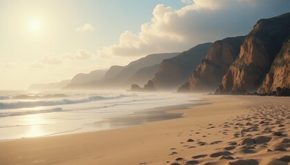 Serene golden sandy beach with soft waves under glowing sunlight and rugged cliffs