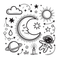 Fototapeta premium Playful Line Art of Stars, Moon, and Planets in Sketch Style