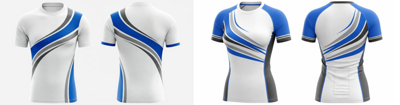 Digital mockup set of men's athletic t-shirts with dynamic blue and grey stripe patterns for custom sportswear apparel design