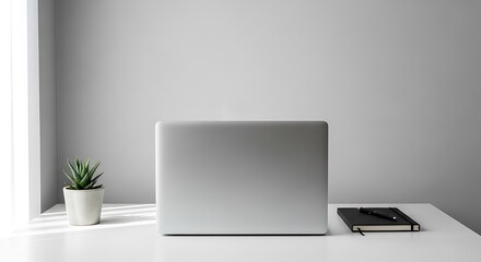 Fototapeta premium Minimalist Office Setup with Laptop, Plant and Notebook: Clean Workspace with Modern Aesthetics, Desk Essentials