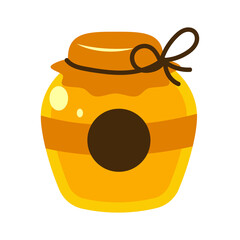 Golden honey jar with dark brown circle label tied with a rustic bow on a transparent background for sweet food and beverage advertising