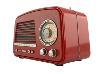 Retro red vintage radio with silver knobs and dial isolated on black background isolated on white background isolated on transparent background