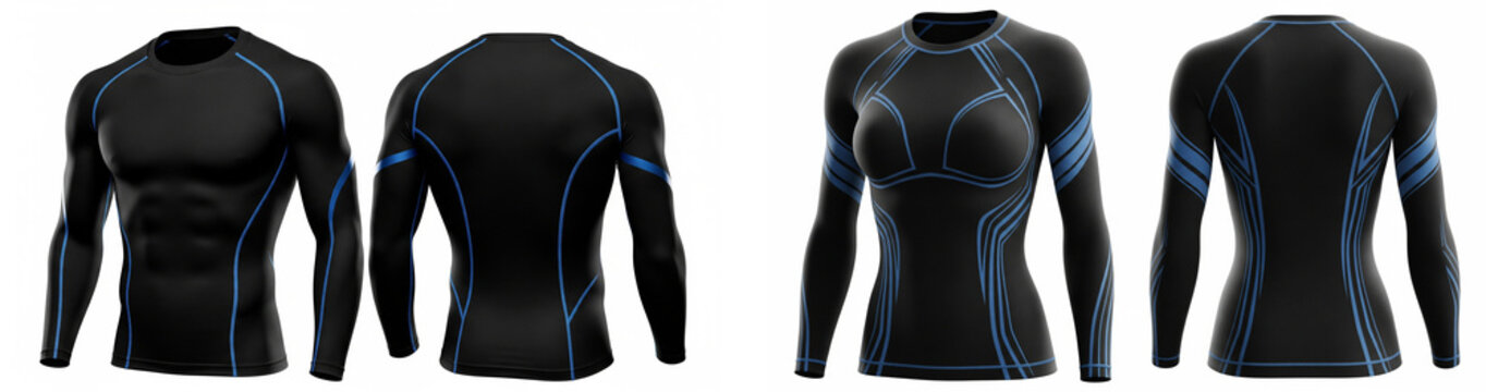 Set of male and female long sleeve athletic rash guards. Blank black and blue compression shirt template for sportswear design