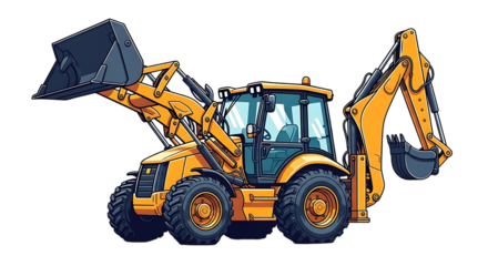 Illustration of yellow backhoe loader with a front bucket and a rear digging arm, isolated on transparent background, showcasing construction and excavation equipment on transparent background