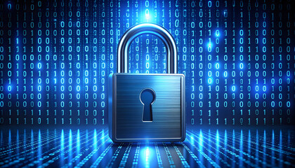 Gleaming metallic padlock symbolizing digital data security and privacy against a vibrant blue binary code background.