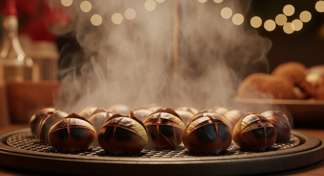 Roasted Chestnuts Steaming on Cast Iron Grill with Bokeh Lights