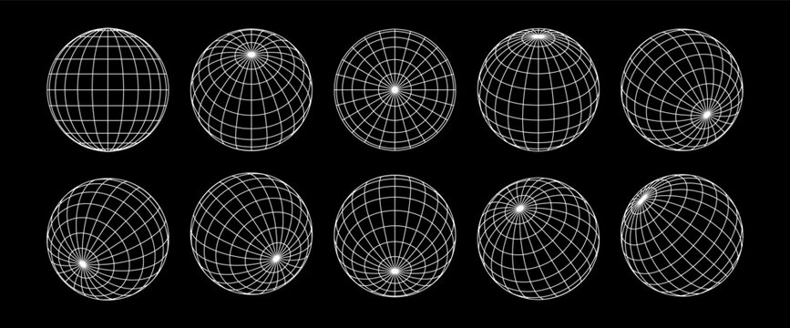 Earth globe grid spheres PNG. Striped 3D geometry globe wireframe vector illustration set