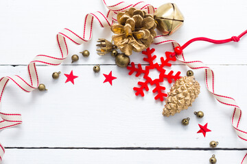 Christmas ornaments frame on white wood