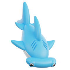 Stylized 3D Cartoon Hammerhead Shark With Blue And White Colors Floating Underwater With Transparent Background