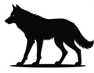 Obraz premium A silhouetted black wolf walks against a white background. Its shape is stark and detailed