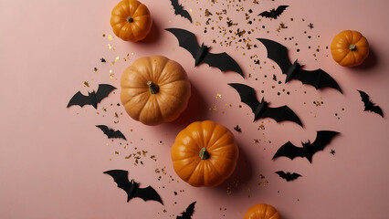 Top view of pumpkin, bats and spiders with confetti on orange background, Halloween decoration
