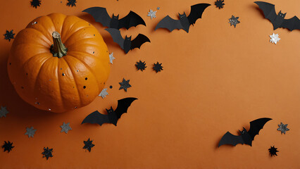 Top view of pumpkin, bats and spiders with confetti on orange background, Halloween decoration