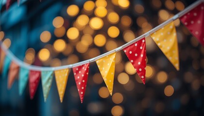 Colorful decorative triangular flags hanging against warm glowing lights background