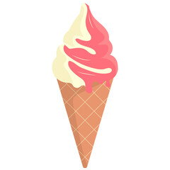 Two Scoops Soft Serve Ice Cream Cone Swirl Vanilla and Strawberry with Pink Drizzle in Waffle Cone Isolated on White Background