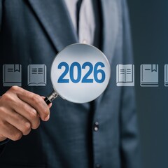 Businessman Selecting 2026 Year from Timeline Interface