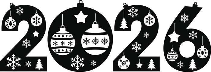 Festive winter holiday year 2026 design with snowflakes and ornaments