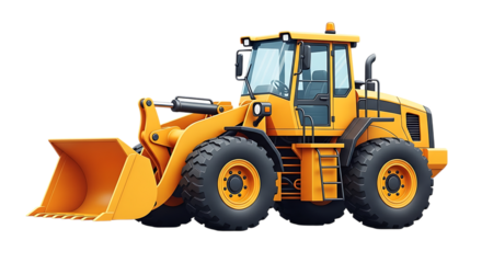 Illustration of a powerful yellow frontend loader construction vehicle with a large bucket, isolated on a transparent background on transparent background