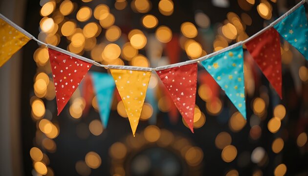Colorful string of triangular flags with soft glowing lights blurred in the background creating