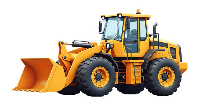 Illustration of a powerful yellow frontend loader construction vehicle with a large bucket, isolated on a transparent background on transparent background
