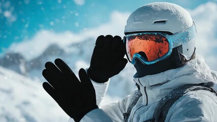 A skier wearing a helmet and reflective goggles standing on a snowy mountain slope under bright daylight, representing winter adventure, sports, exploration, and the thrill of alpine skiing activities - Powered by Adobe