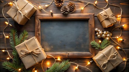 Photo of rustic wooden frame with christmas gifts, pine cones, fir branches, and fairy lights on a dark wood background, perfect for holiday greetings