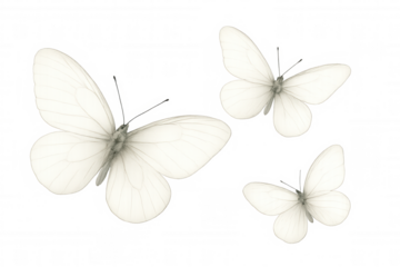 White butterflies flying, insect group with delicate wings on transparent background, nature, freedom