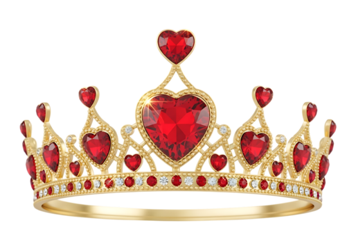 Illustration of a beautiful golden crown adorned with numerous red heartshaped gemstones and small clear diamonds, isolated on a transparent background on transparent background - Powered by Adobe
