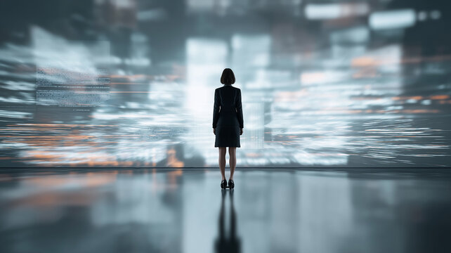 A businesswoman stands confidently in front of a vast digital display, immersed in data streams Generative AI