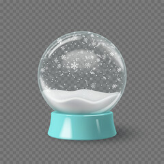 Empty glass snowglobe with falling snowflakes and white snow on transparent background. Winter festive decoration for Christmas or New Year design. Vector illustration.