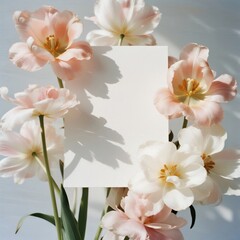 Pink and white tulips with blank card