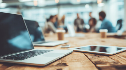 Laptops and tablets are on a table as professionals share ideas in a bright space Generative AI