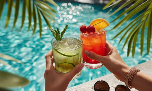 Hands with a tan enjoy colorful cocktails by the poolside on a bright summer day Generative AI