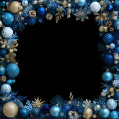 A festive frame features beautiful blue ornaments and sparkling accents in winter wonderland style Generative AI