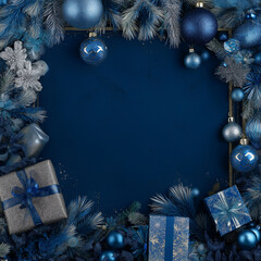 A lovely blue Christmas frame features ornaments and gifts, boosting the holiday spirit Generative AI