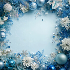 This artistic frame features a blue theme with snowflakes, ornaments, and Christmas flowers Generative AI