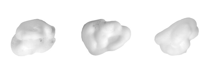 White foam bubbles isolated on a clean white background. Perfect for skincare, hygiene, cleaning product advertising, or cosmetic concepts showing softness, freshness, and cleanliness.