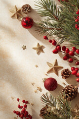 Festive arrangement of red ornaments, pine branches, and gold stars creating a joyful holiday vibe Generative AI
