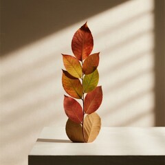 Autumn leaves arranged vertically on table