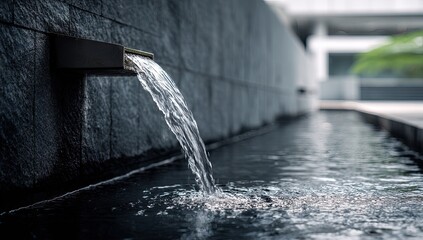 Water flows from dark stone spout into shallow, dark pool