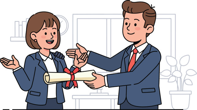 Man giving certificate to woman celebrating achievement and success in office - Powered by Adobe