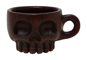 Dark wooden skull-shaped mug isolated on transparent background