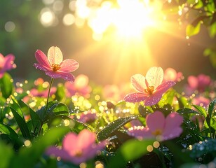 朝露に輝くピンクの花とやわらかな朝の光