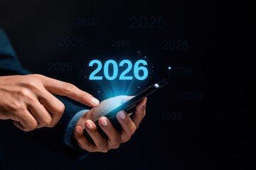 Hands Holding Smartphone with Glowing 2026 Text