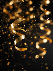 Gold confetti and ribbons swirl in the air, creating a festive atmosphere during a nighttime event Generative AI