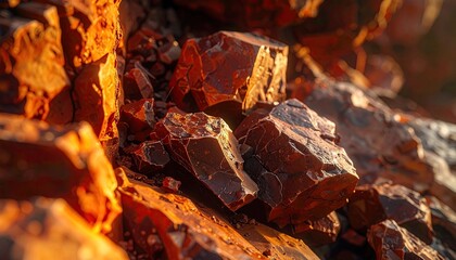 Macro Shot of Dark Red Rock Formations with Rough Texture and Golden Light Casting in Outdoor Setting