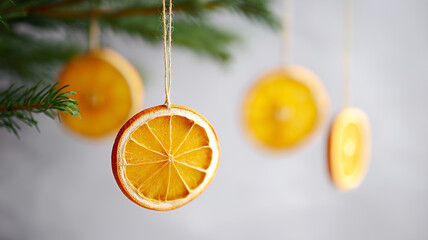 Colorful dried orange ornaments hang from a tree, adding a warm touch to the festive atmosphere Generative AI