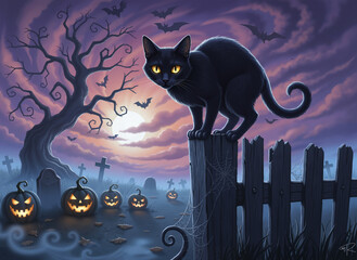 Curious black cat with glowing eyes sitting on a fence on Halloween night  